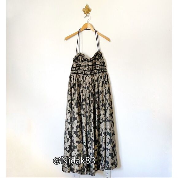 Free People Charlie Bustier Gold Metallic print Maxi dress tiered XS - Picture 1 of 8